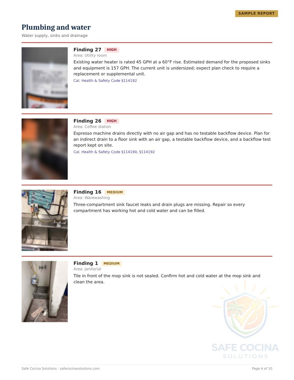 Sample plumbing and water findings with photos